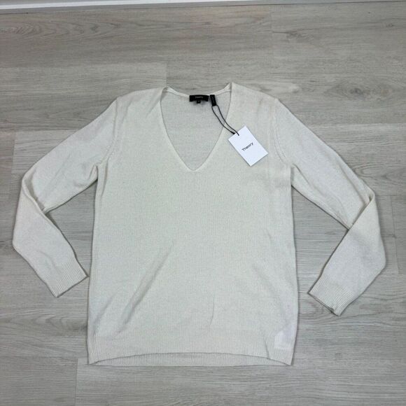 Theory Adrianna 100% Cashmere V Neck Long Sleeve Sweater Womens Large Ivory - Picture 3 of 5